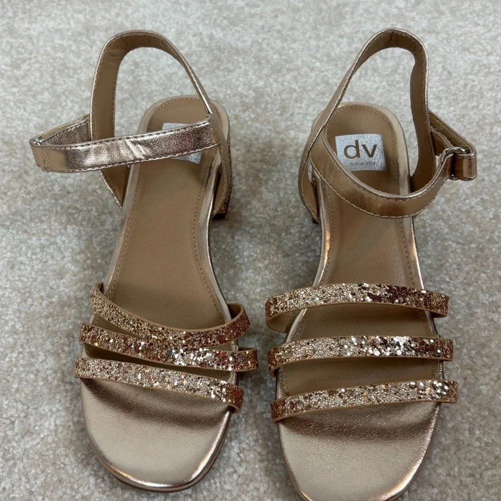 DV‎ Dolce Vita Glee Rose Gold Glitter Block Heel Sandals Girls Size 3 SF1417